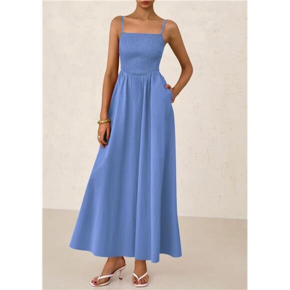Women's Smocked | Maxi Dress | 2025 Summer | Beach Sundress | Casual | Blue - Picture 6 of 6